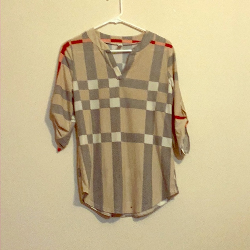 Tan white and black 3/4 sleeve shirt